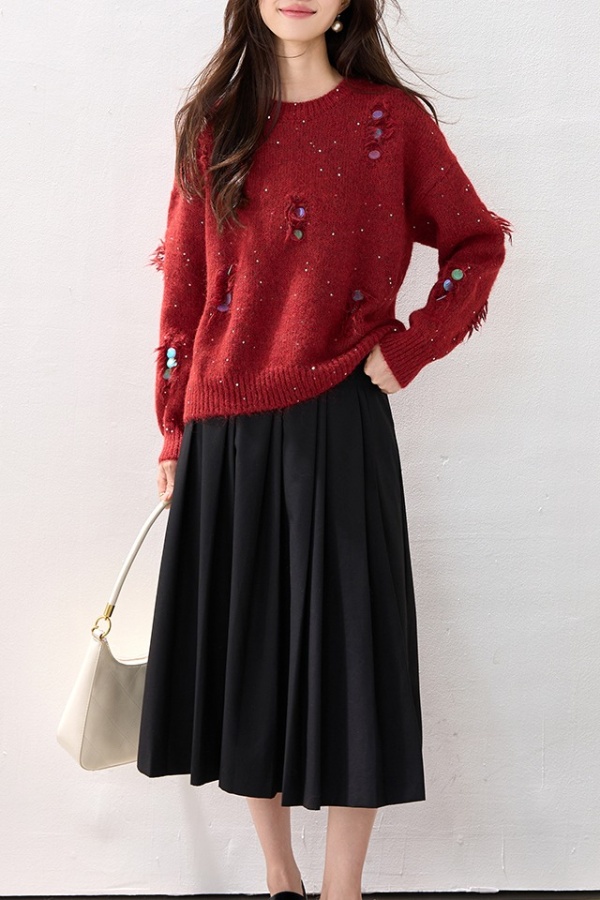 Red all-match loose tassels winter sweater for women