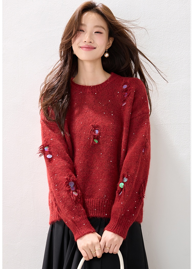 Red all-match loose tassels winter sweater for women
