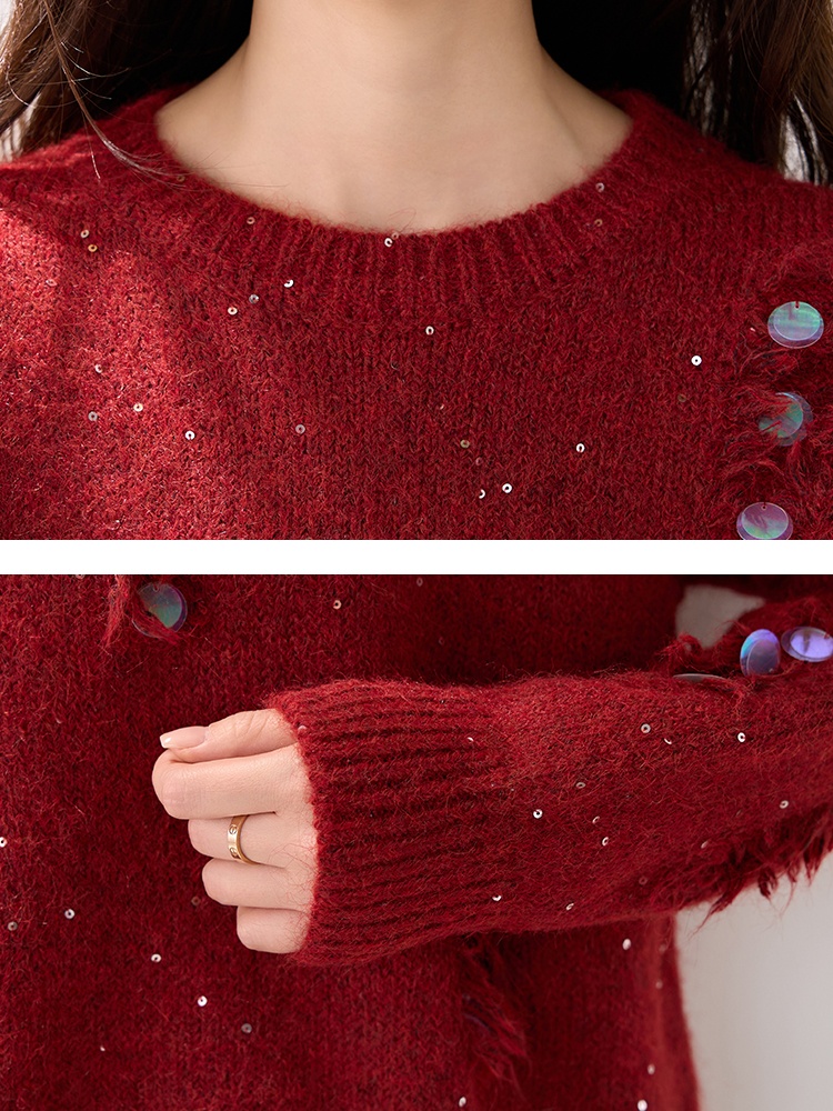 Red all-match loose tassels winter sweater for women