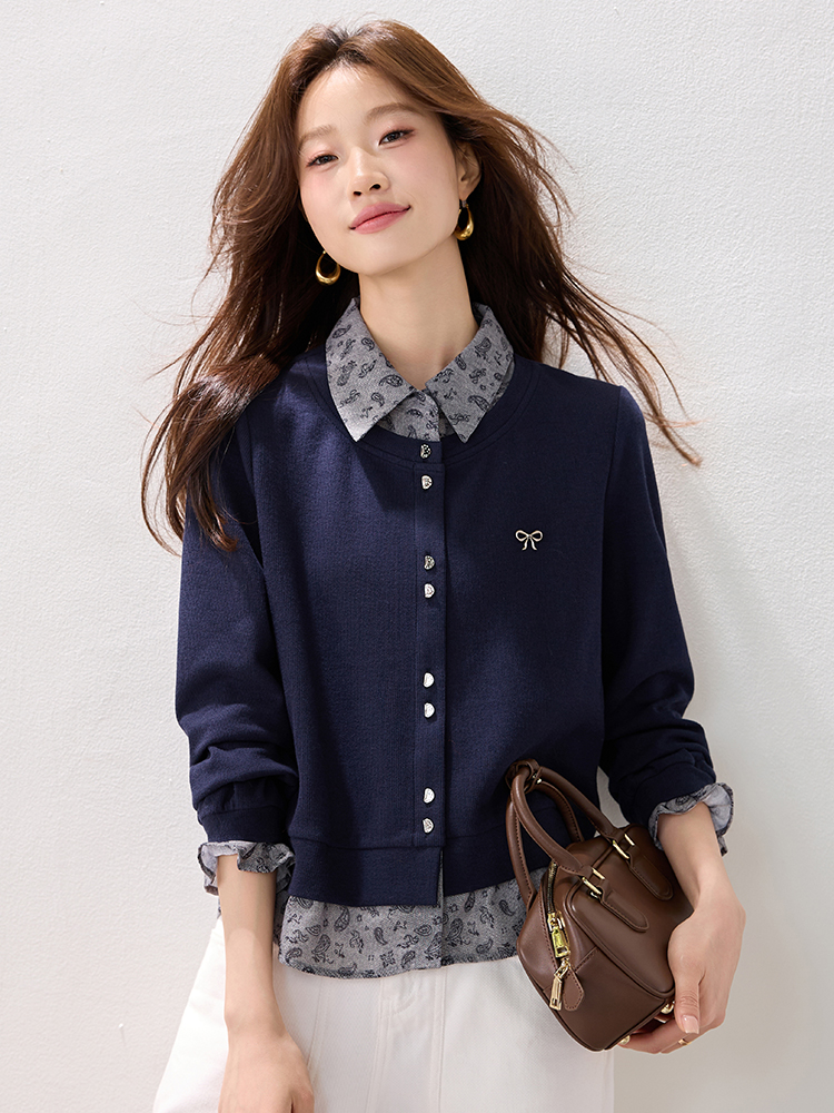 Fashion simple retro hoodie winter Pseudo-two tops