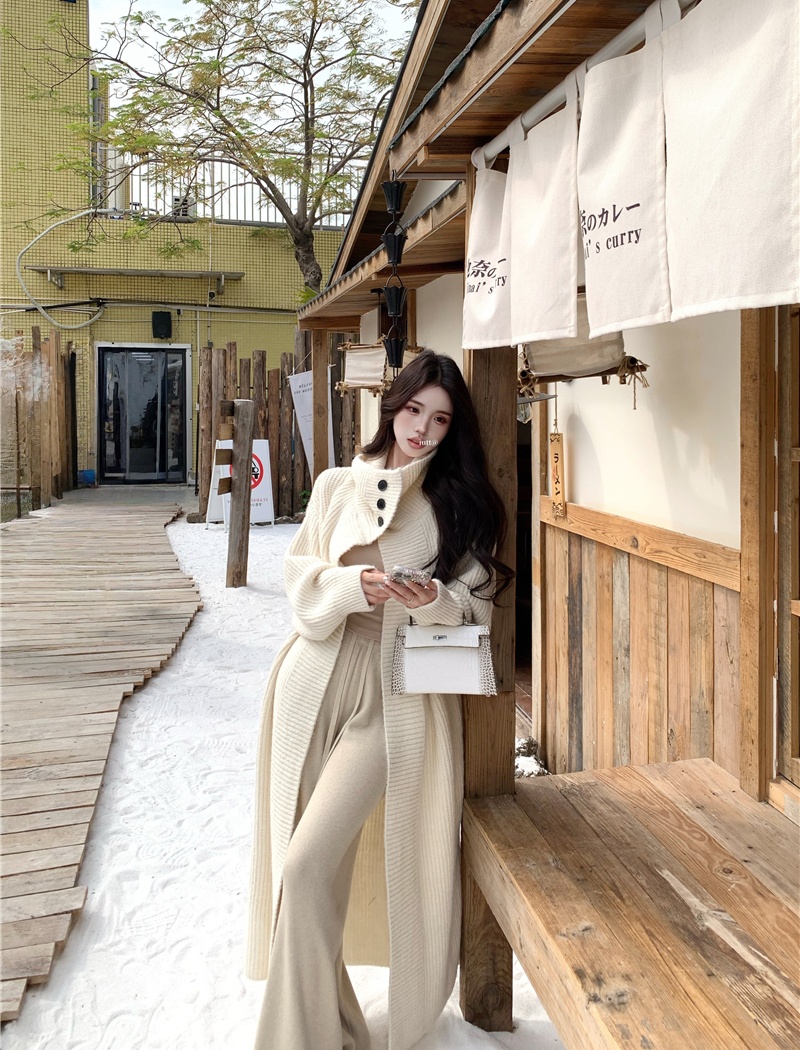 Knitted large lapel coat lazy long cardigan