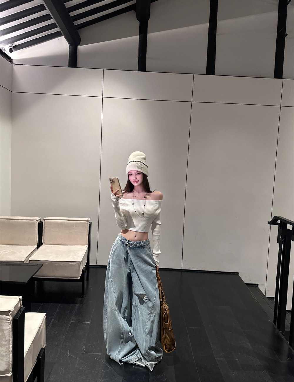 Straight pants wide leg long pants blue jeans for women