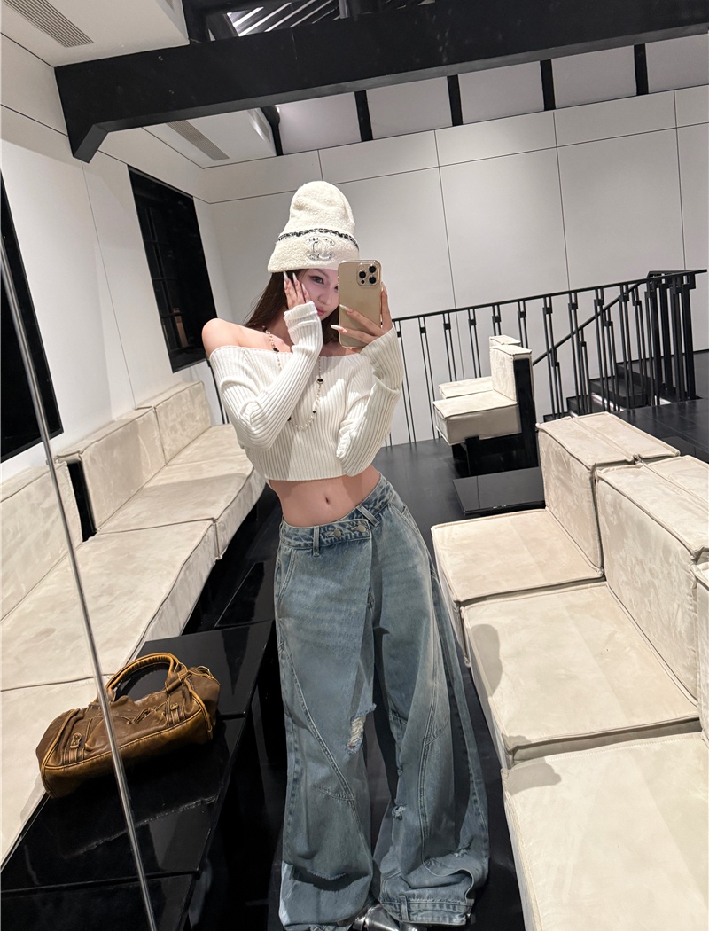 Straight pants wide leg long pants blue jeans for women