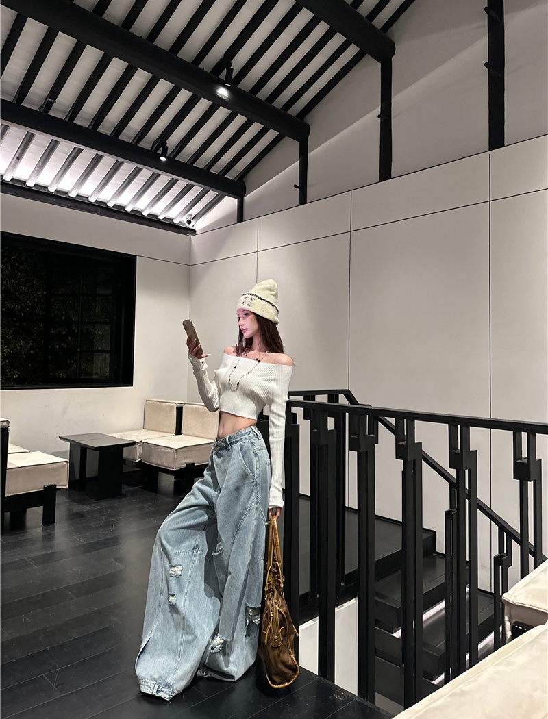 Straight pants wide leg long pants blue jeans for women