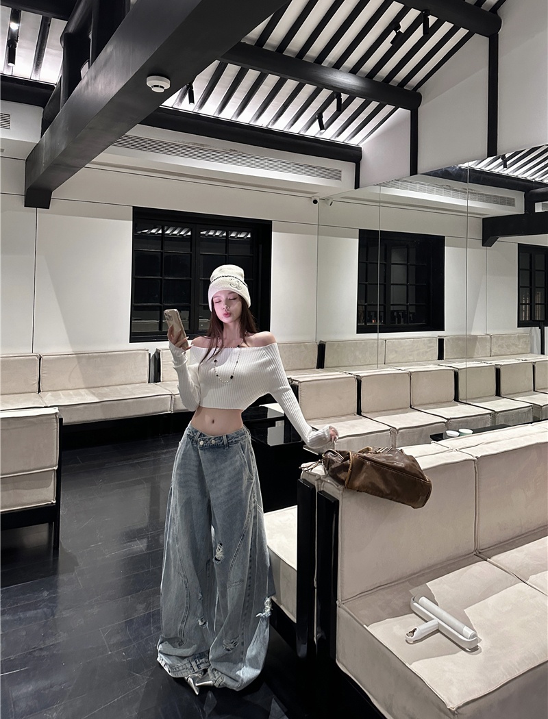 Straight pants wide leg long pants blue jeans for women