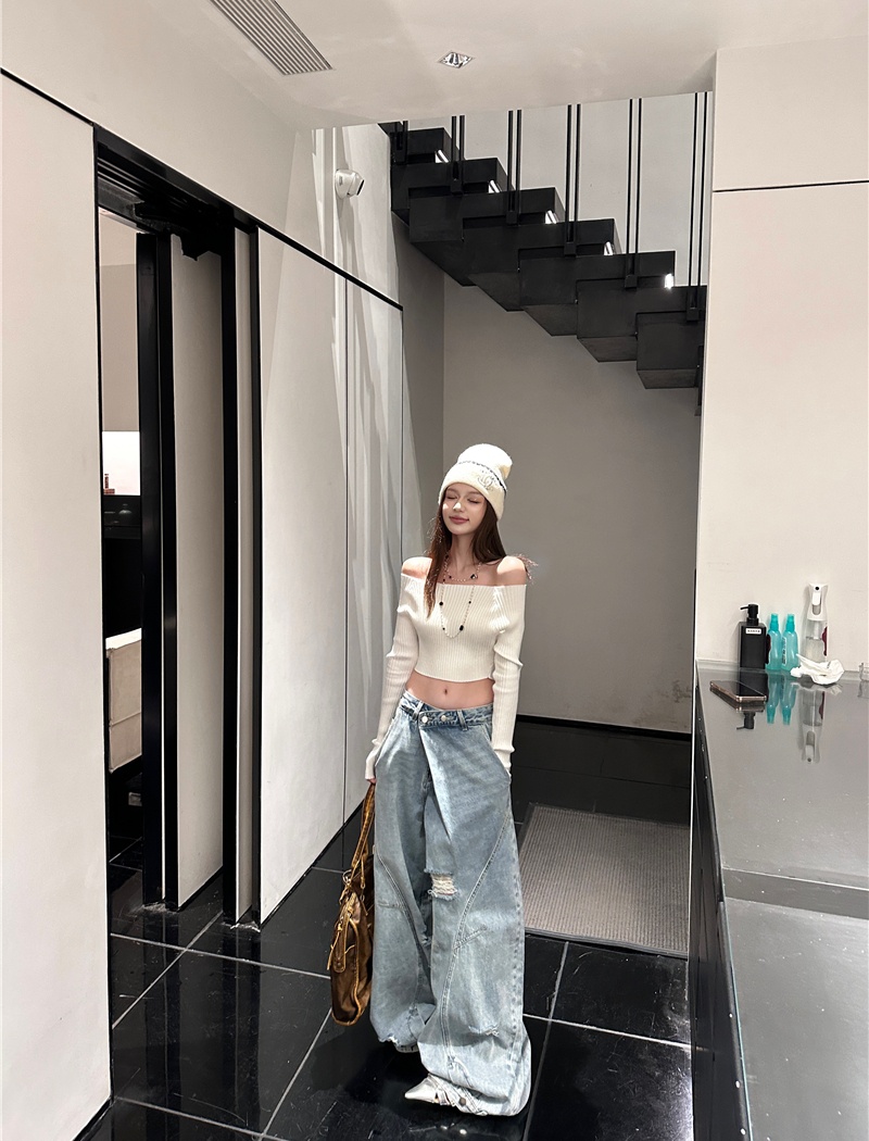 Straight pants wide leg long pants blue jeans for women