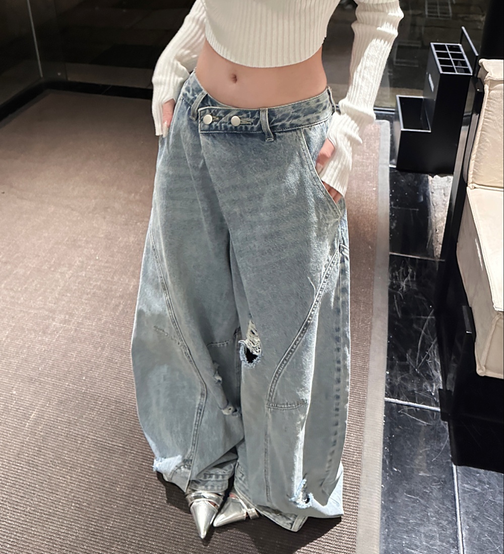 Straight pants wide leg long pants blue jeans for women
