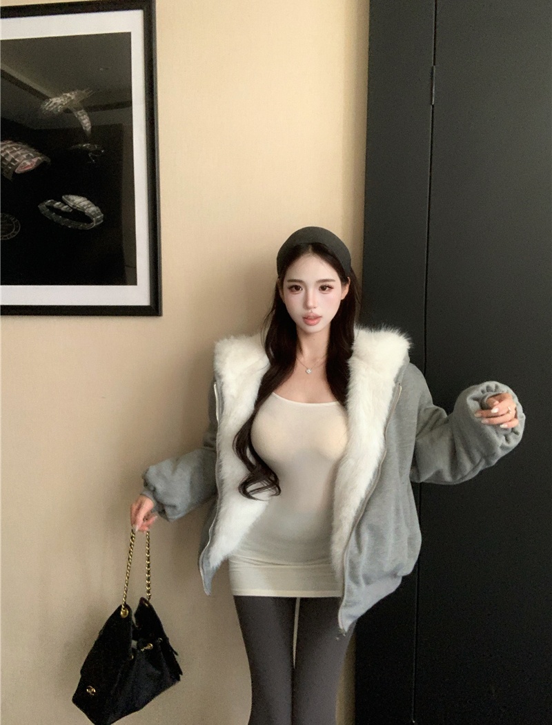 Fur collar wear hooded coat thick autumn and winter fur coat