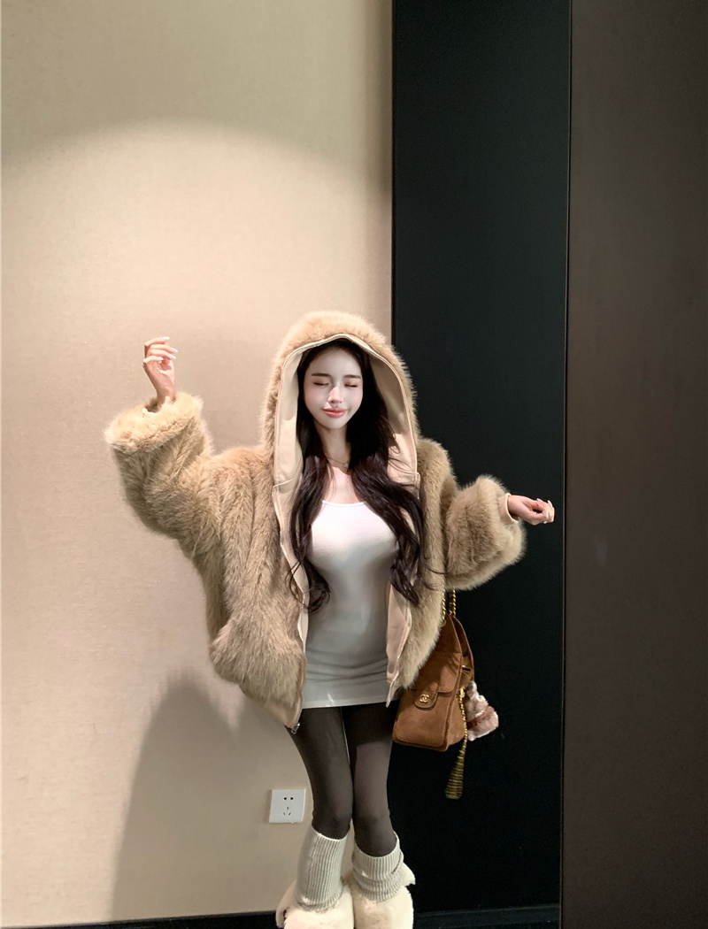 Fur collar wear hooded coat thick autumn and winter fur coat