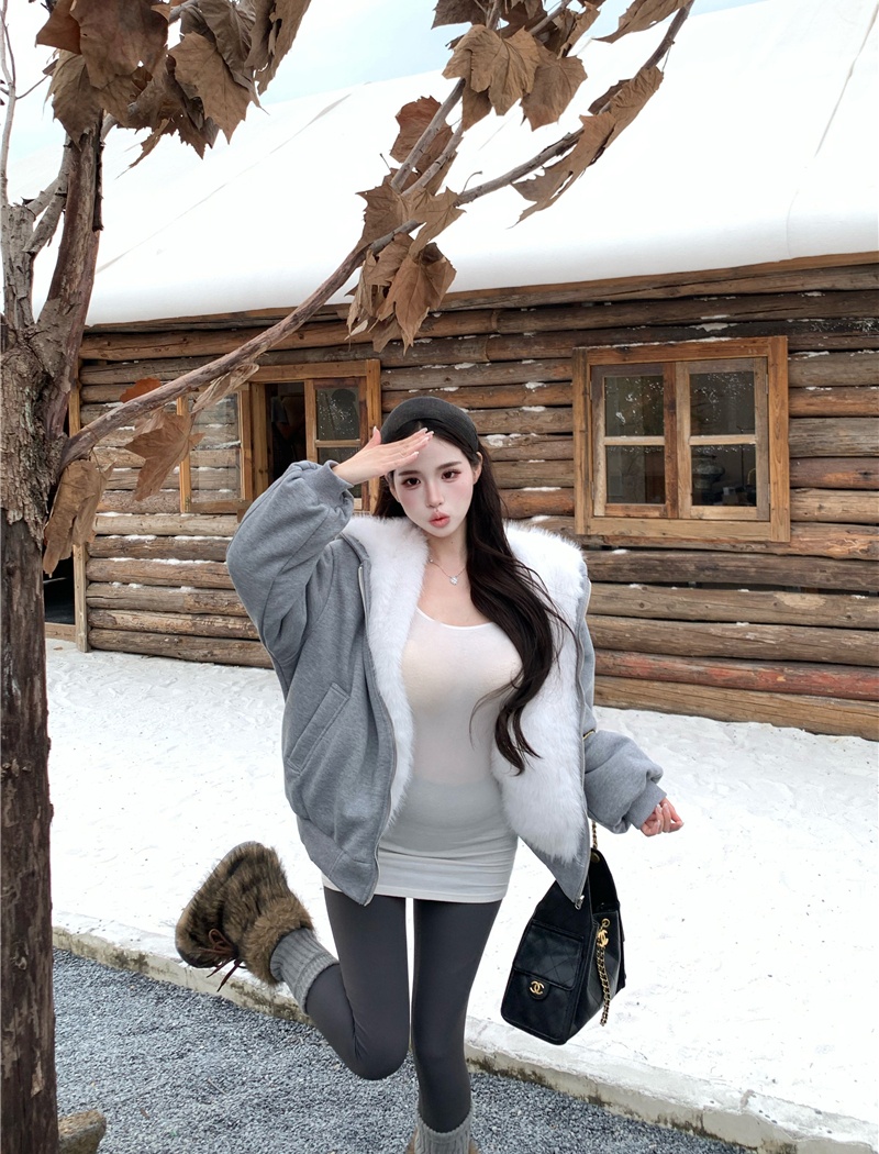 Fur collar wear hooded coat thick autumn and winter fur coat