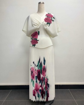 Fold pleated splice skirt slim big skirt tops a set