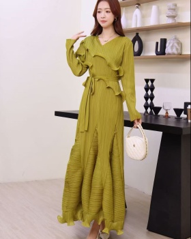 Slim wood ear dress fold long sleeve long dress