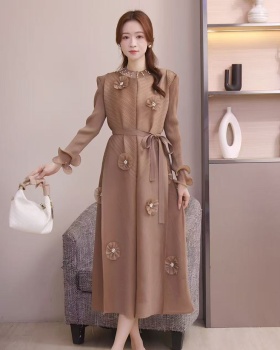 Bandage flowers fold pinched waist wood ear stereoscopic dress