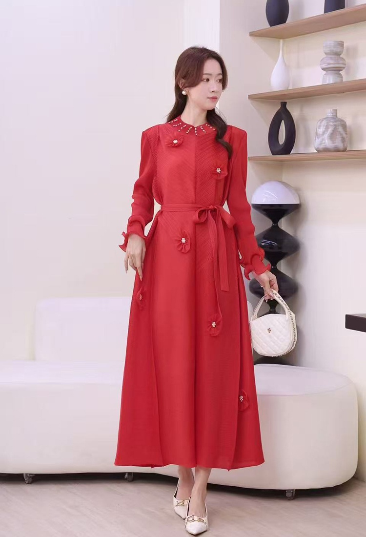 Bandage flowers fold pinched waist wood ear stereoscopic dress