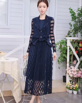 Fold pinched waist business suit splice wood ear dress for women