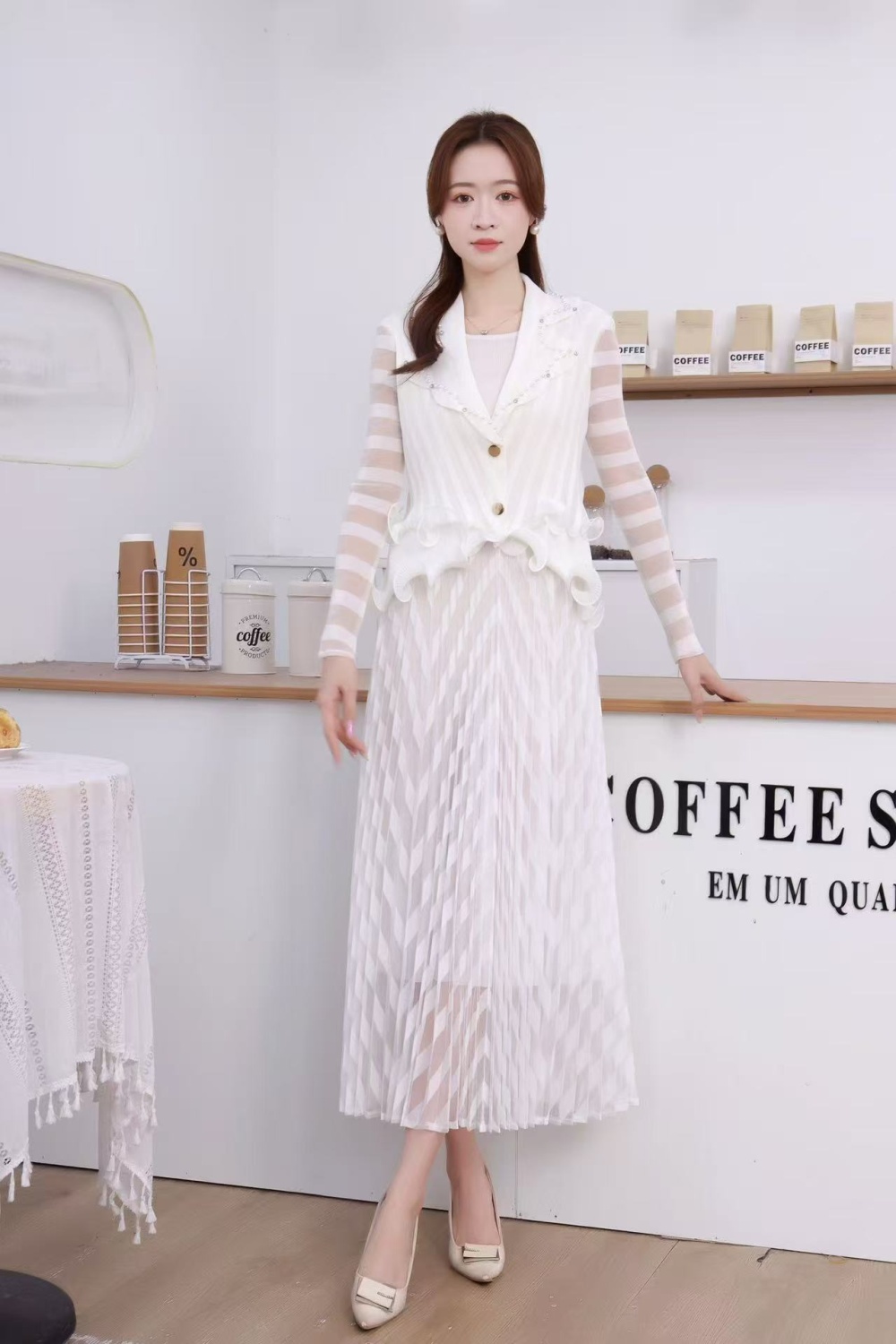 Fold pinched waist business suit splice wood ear dress for women
