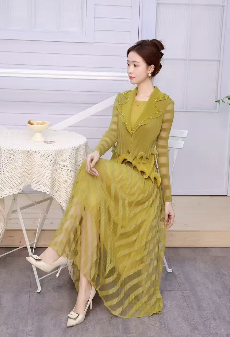 Fold pinched waist business suit splice wood ear dress for women
