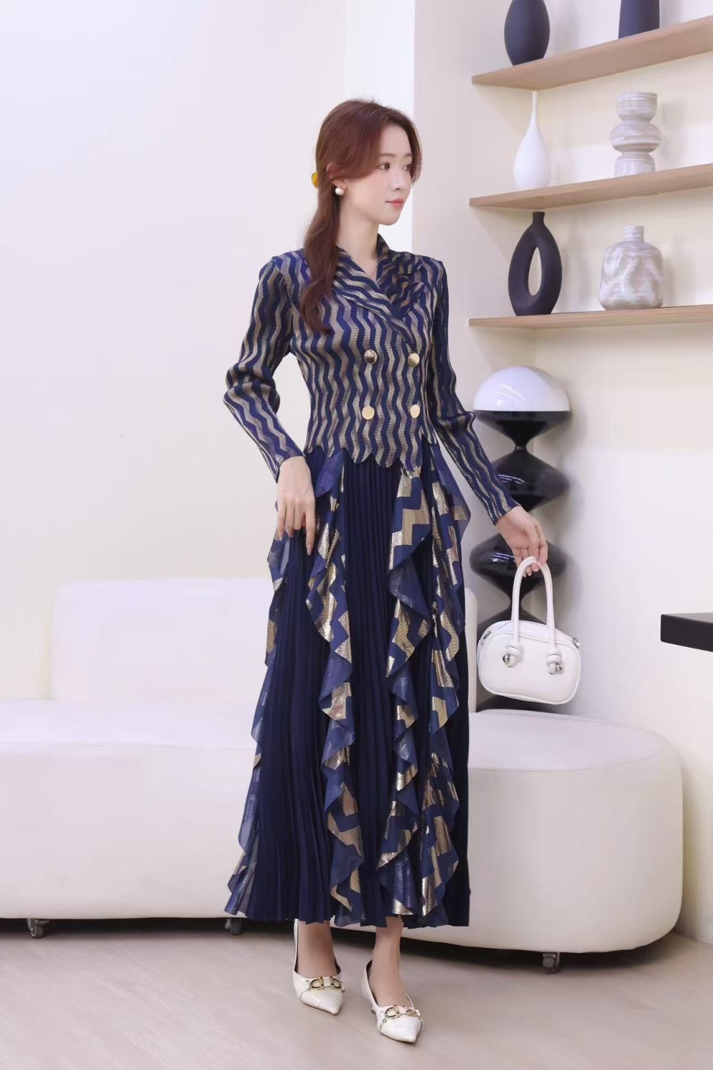 Bronzing pinched waist long dress European style dress