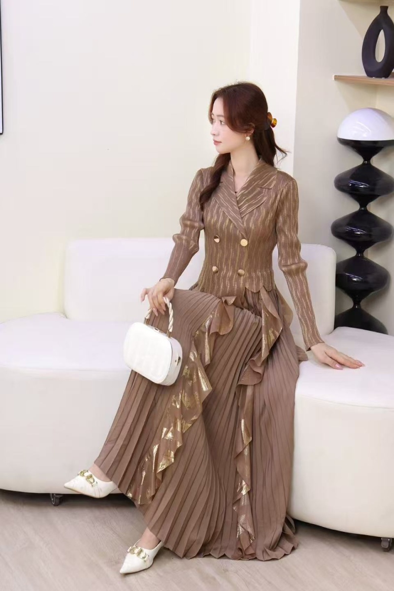Bronzing pinched waist long dress European style dress