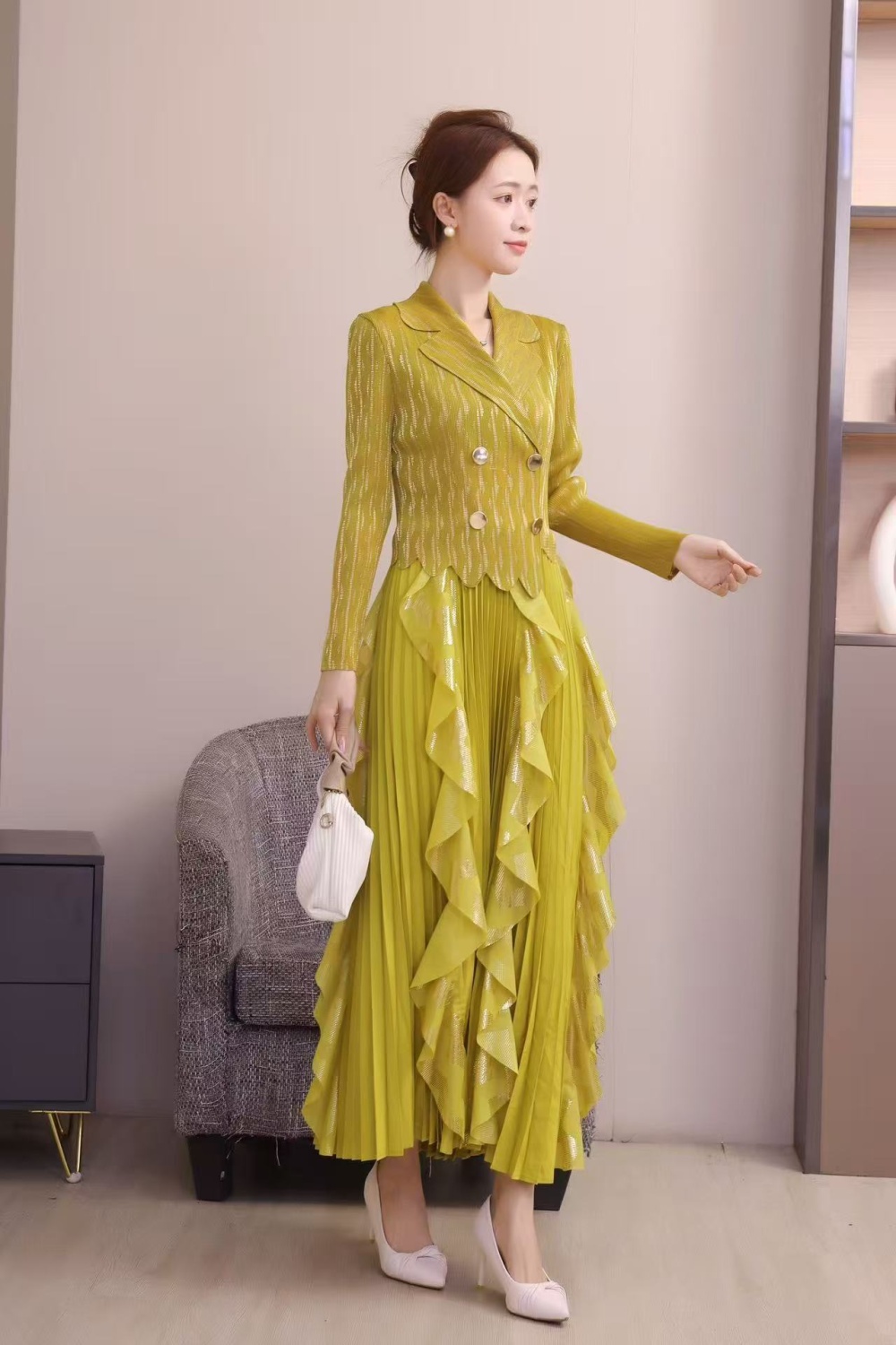 Bronzing pinched waist long dress European style dress