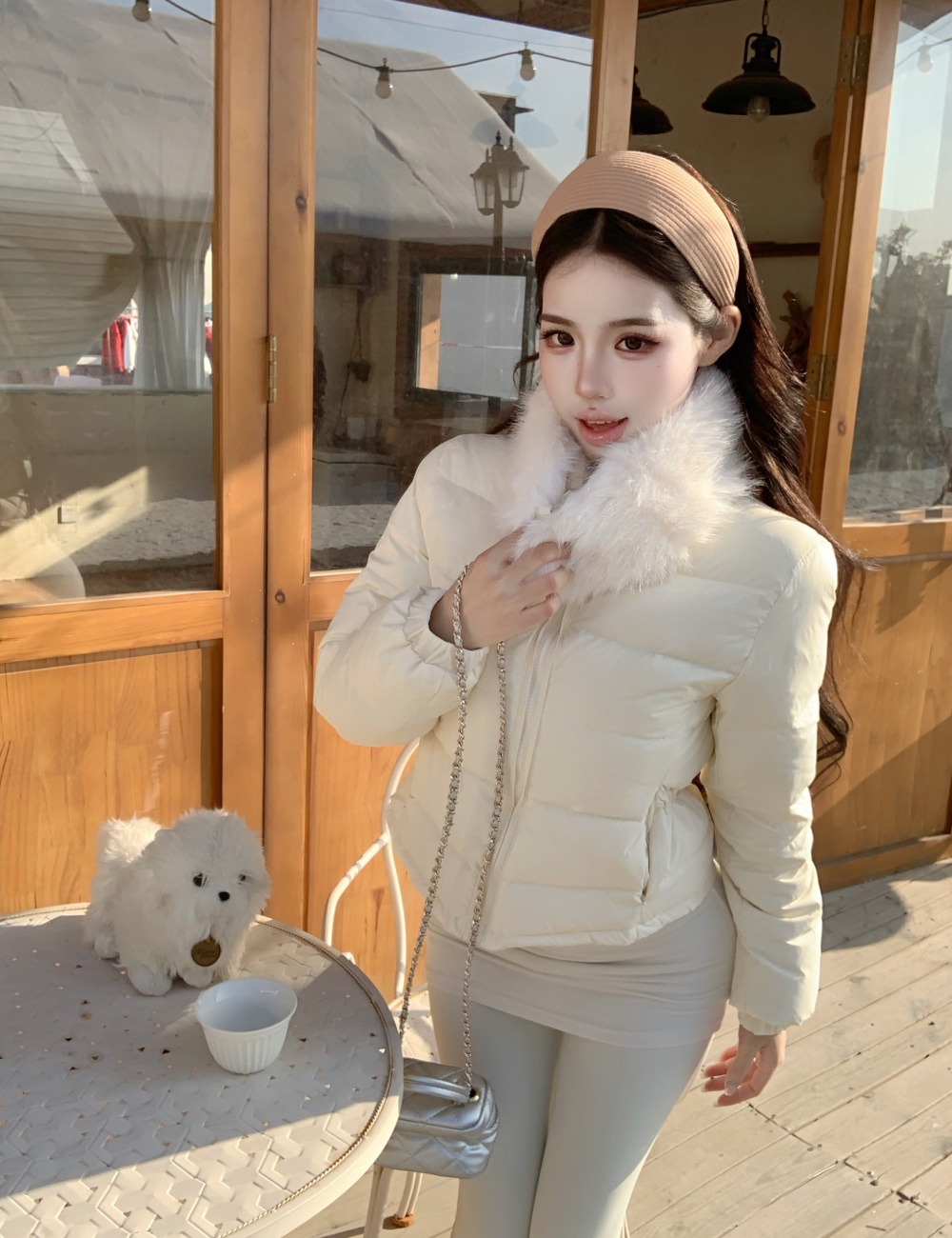 Thermal scarf short coat fur collar light down coat