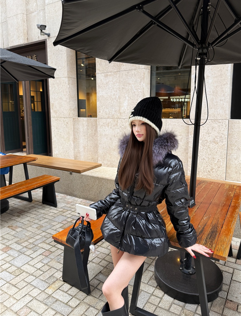 Thin light hooded coat removable pinched waist down coat