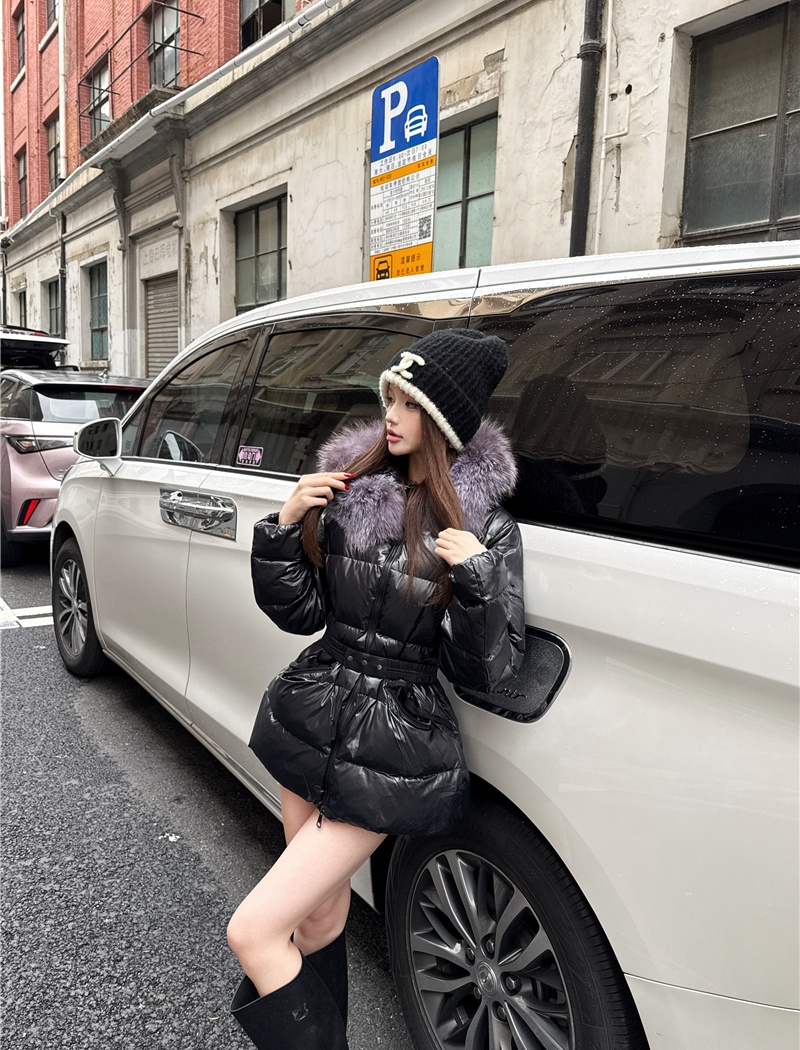 Thin light hooded coat removable pinched waist down coat