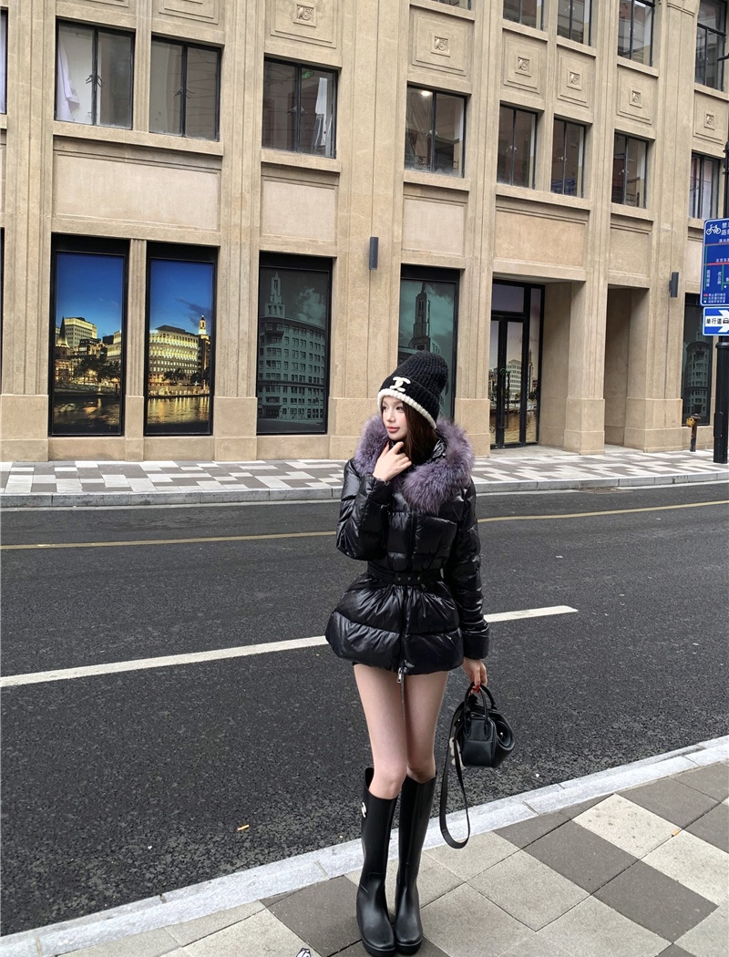 Thin light hooded coat removable pinched waist down coat