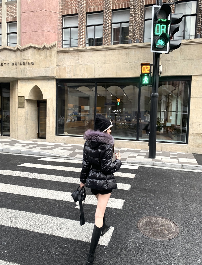 Thin light hooded coat removable pinched waist down coat