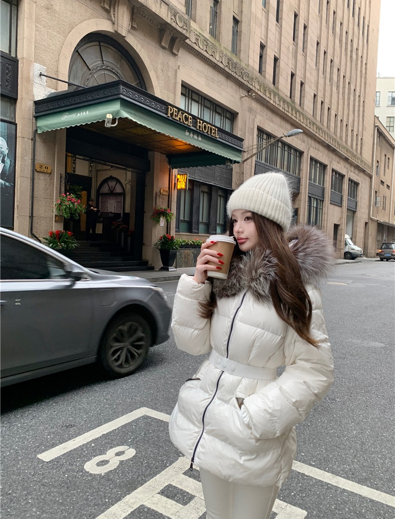 Thin light hooded coat removable pinched waist down coat