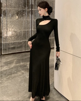 Hollow black long dress temperament slim dress