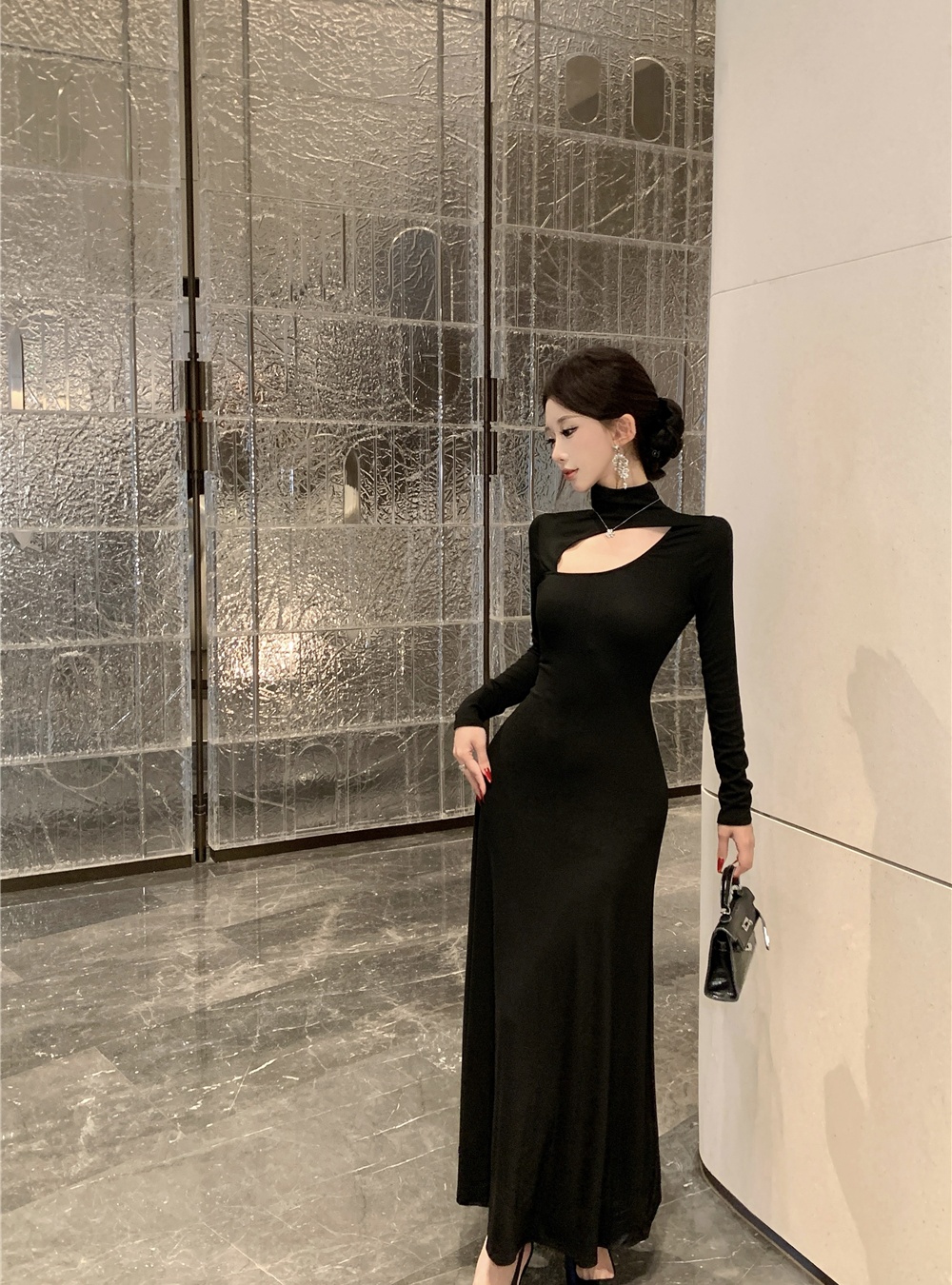 Hollow black long dress temperament slim dress
