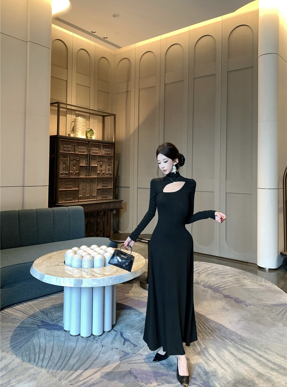 Hollow black long dress temperament slim dress