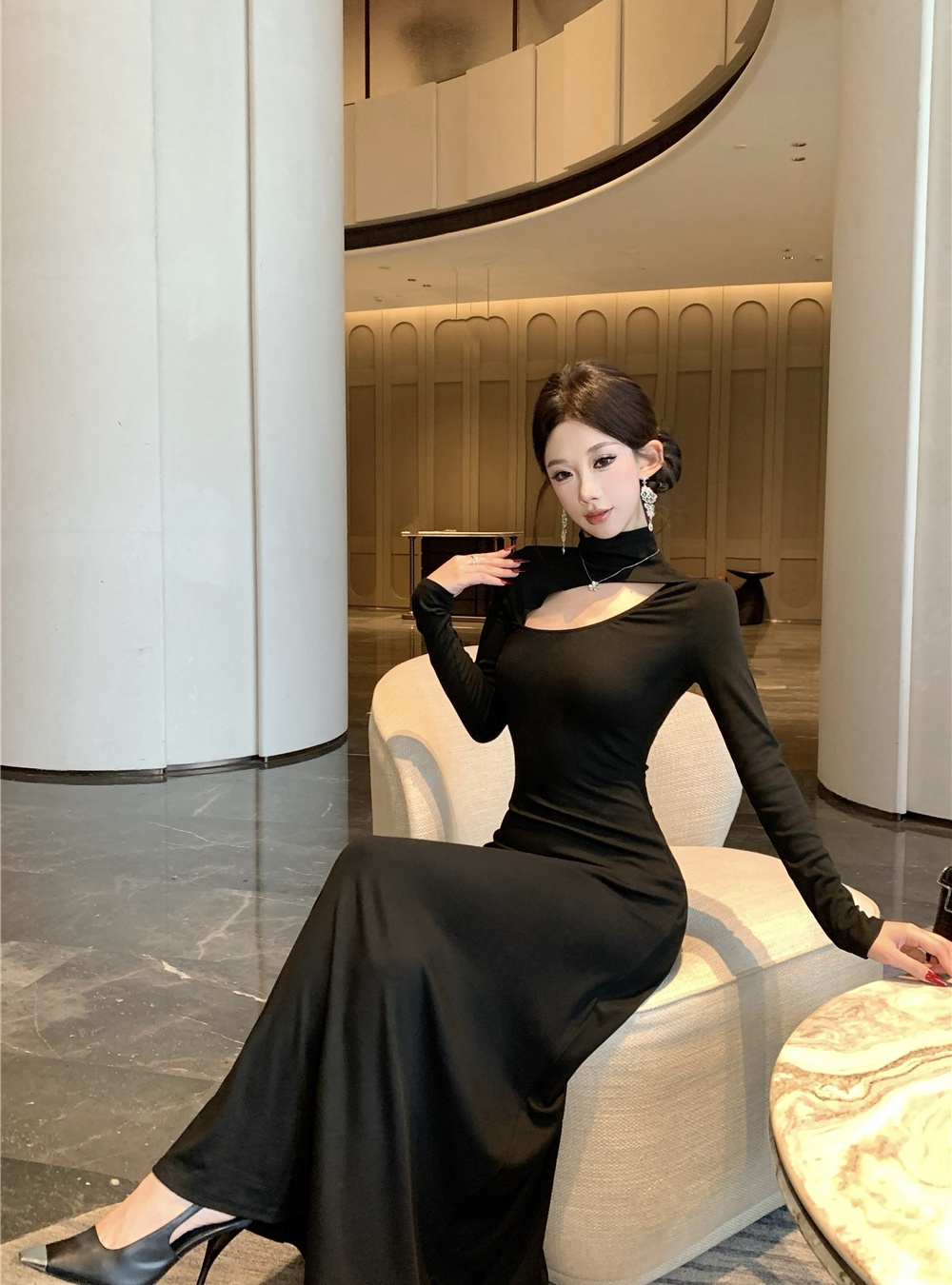 Hollow black long dress temperament slim dress