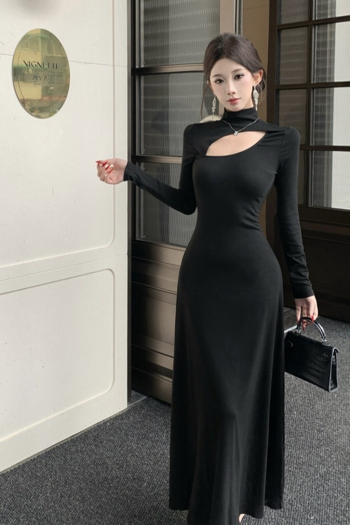 Hollow black long dress temperament slim dress
