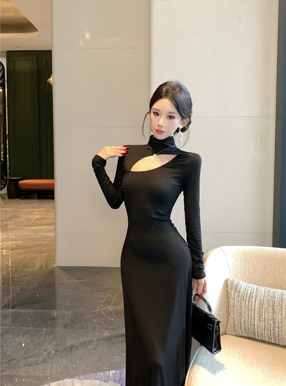 Hollow black long dress temperament slim dress