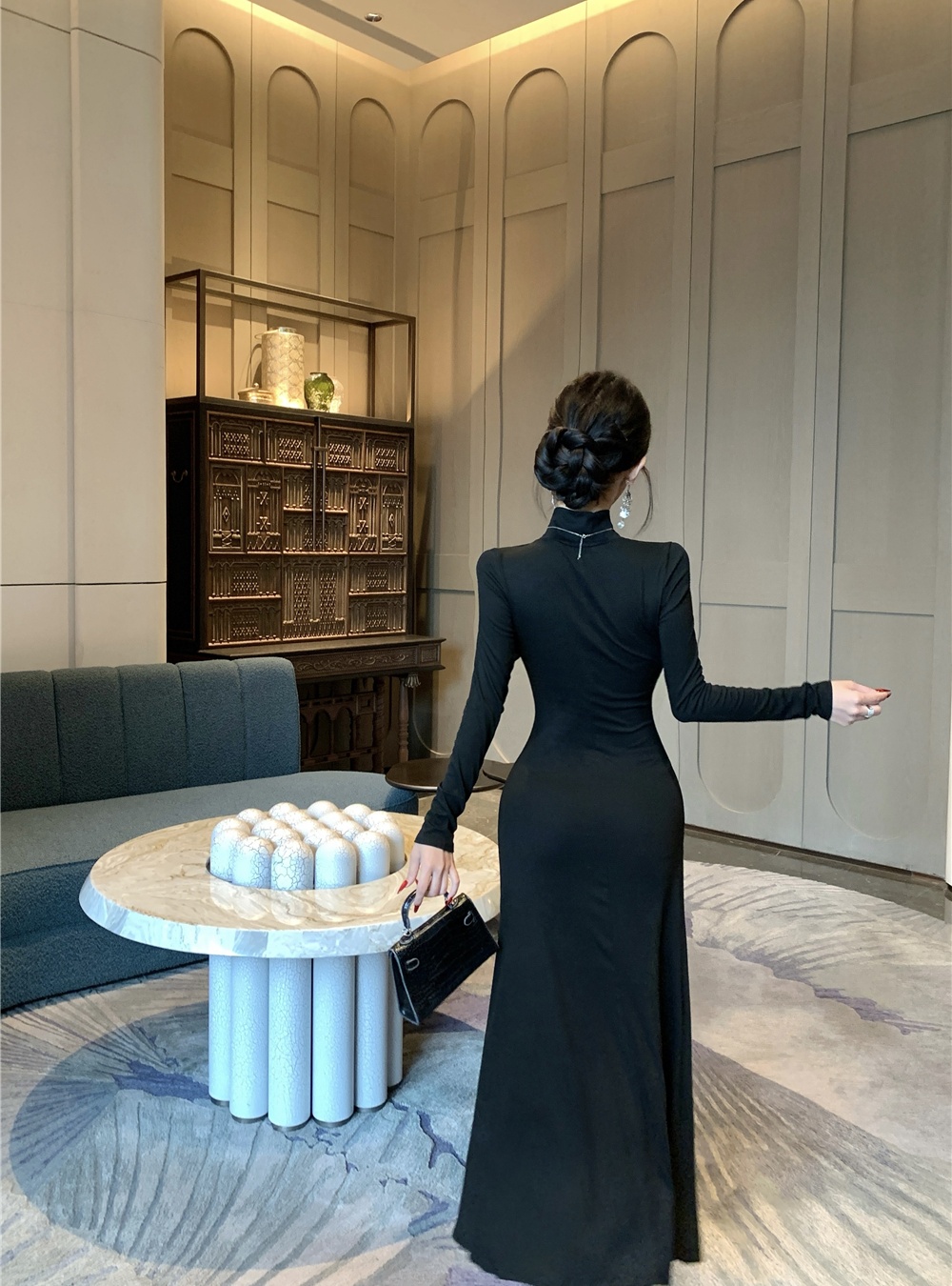 Hollow black long dress temperament slim dress