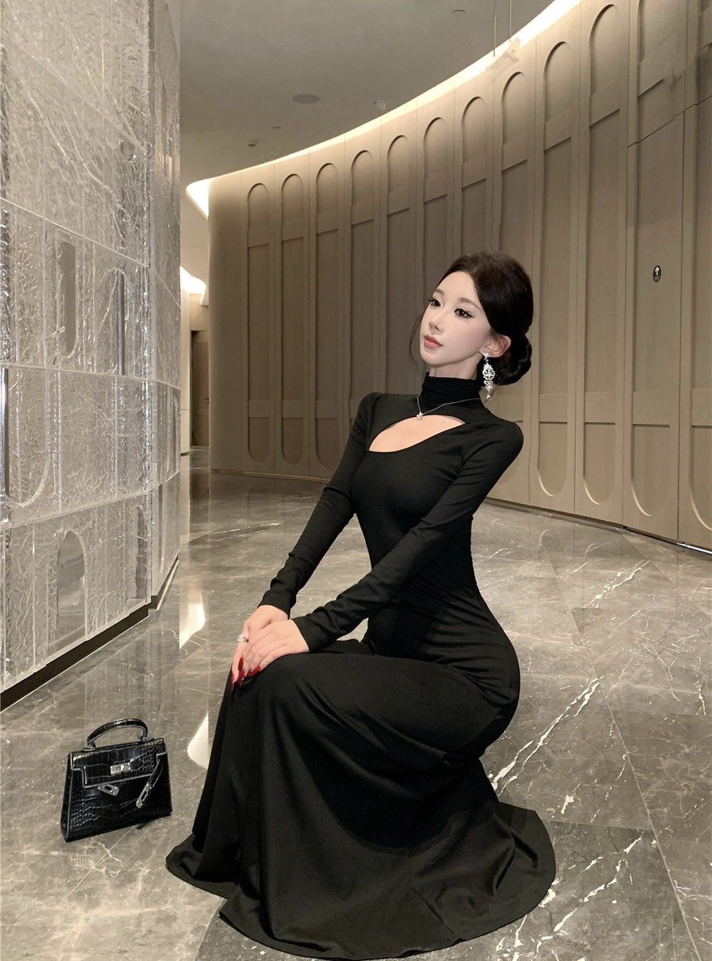 Hollow black long dress temperament slim dress