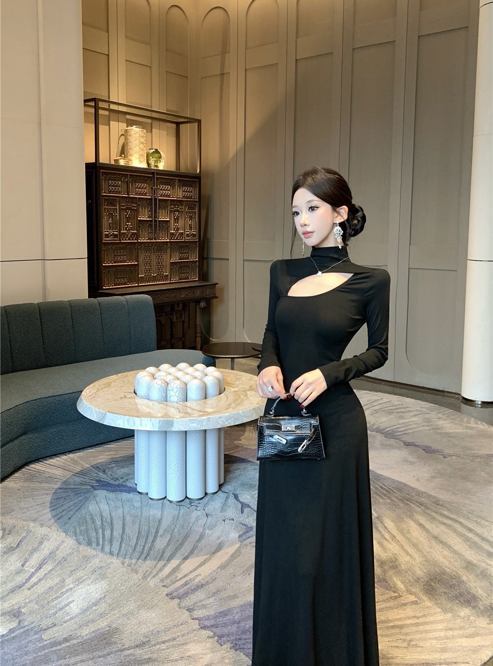 Hollow black long dress temperament slim dress
