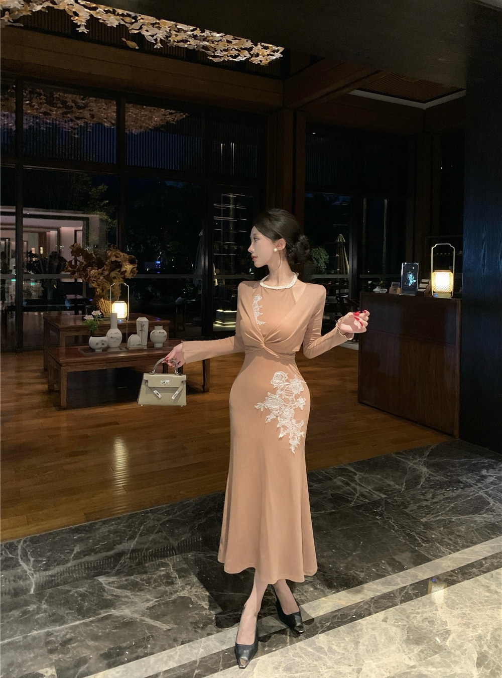 Lace multiple wear method dress Pseudo-two long dress