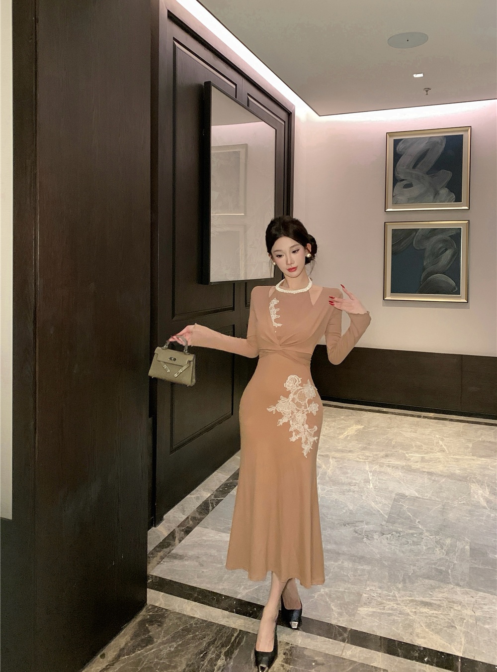 Lace multiple wear method dress Pseudo-two long dress