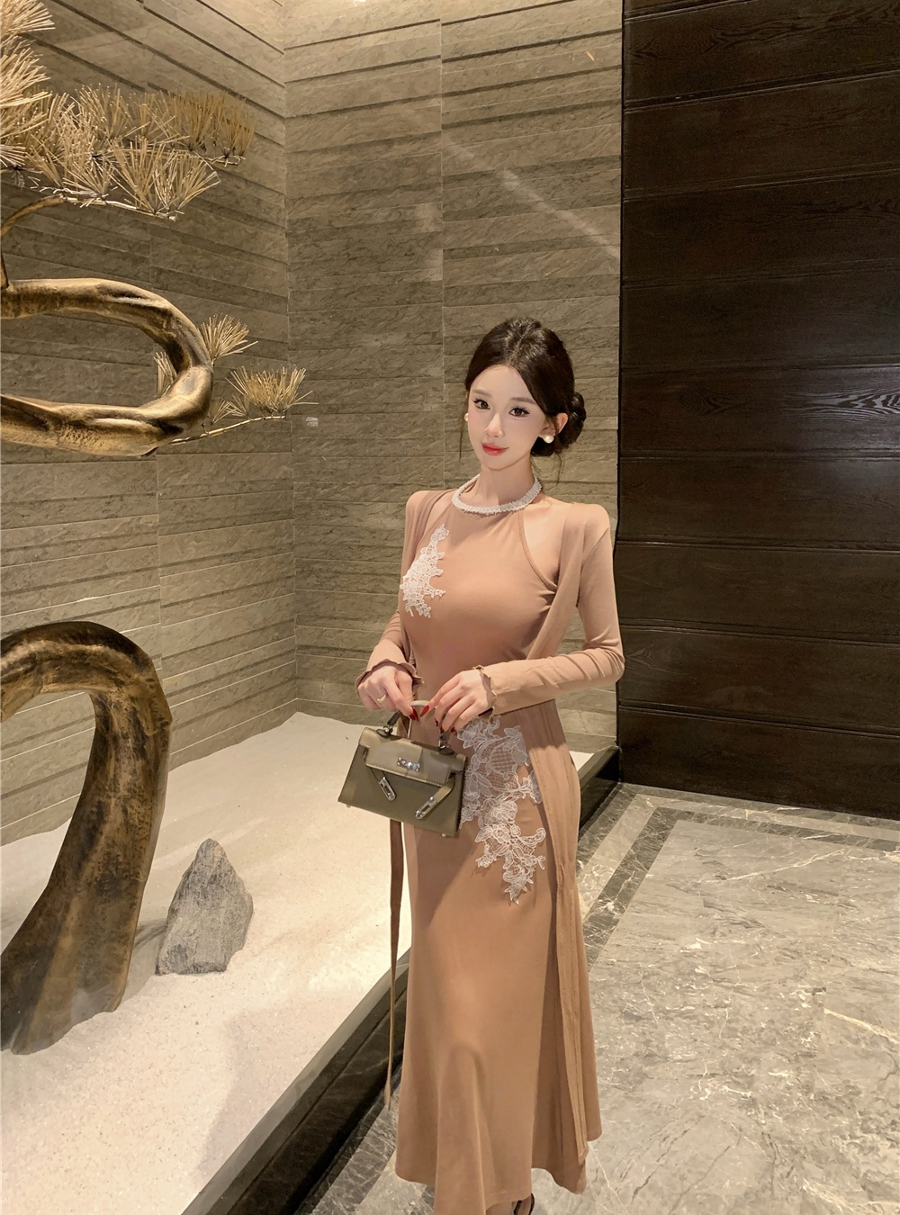 Lace multiple wear method dress Pseudo-two long dress