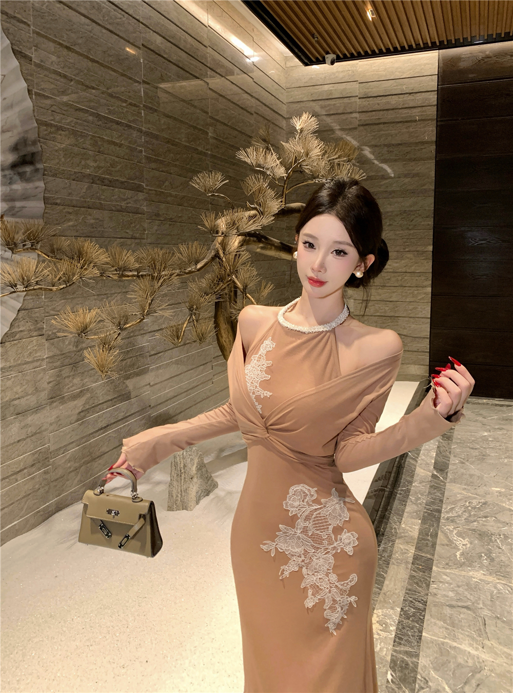 Lace multiple wear method dress Pseudo-two long dress