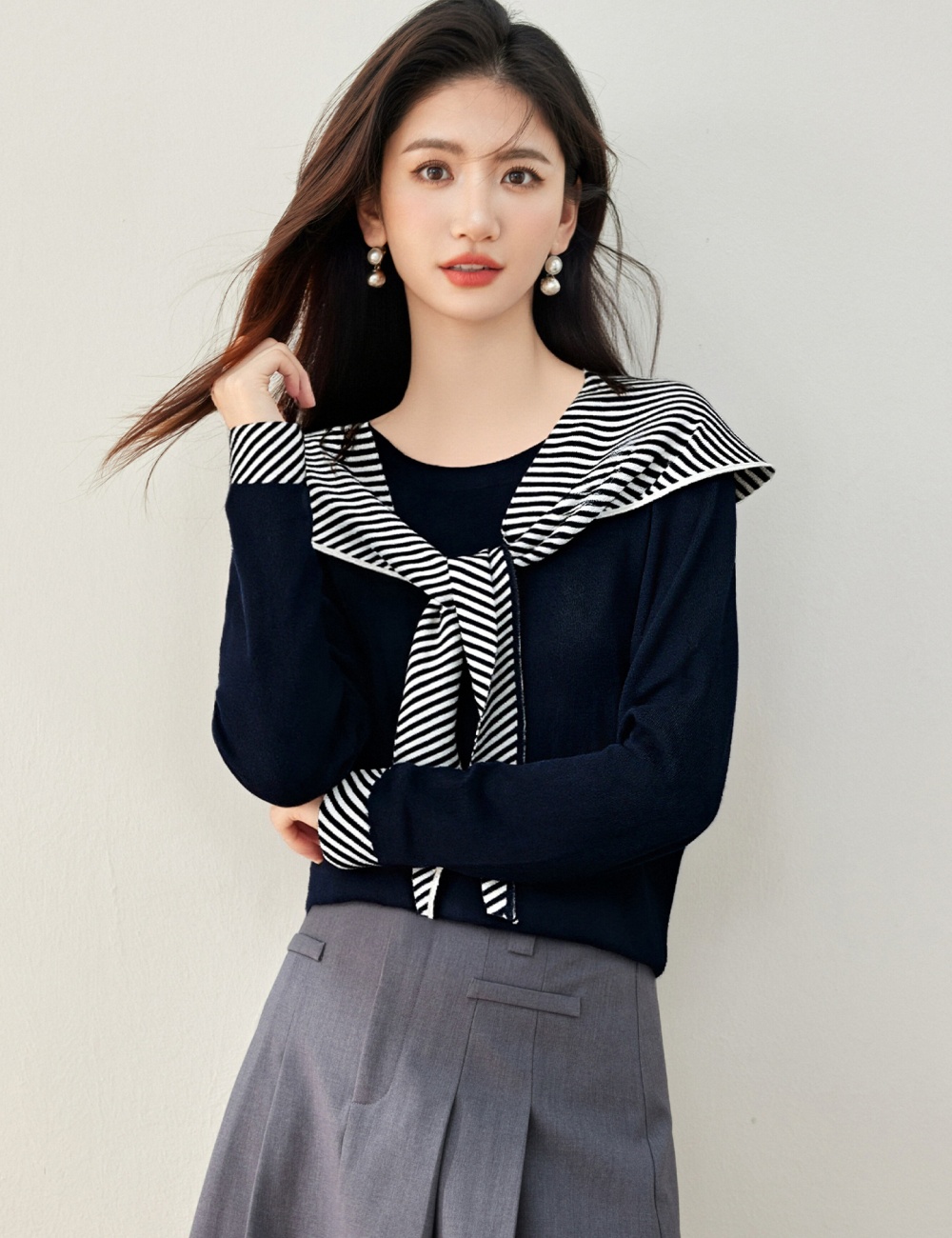 Korean style show young stripe sweater splice unique T-shirt