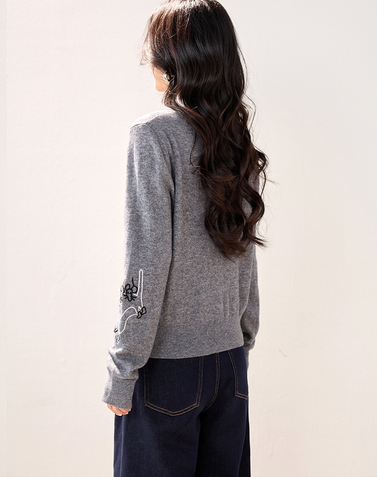 Round neck slim autumn embroidery pattern sweater for women