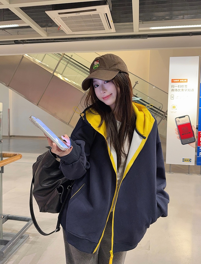 Plus velvet loose couples tops zip thermal pure cardigan