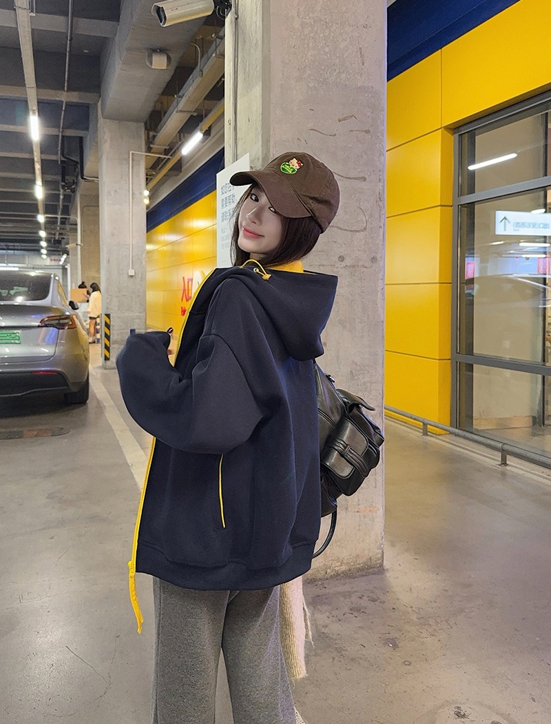 Plus velvet loose couples tops zip thermal pure cardigan