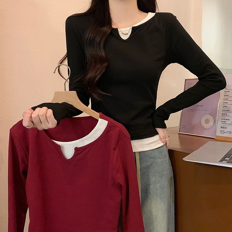 Long sleeve Pseudo-two tops thin T-shirt for women