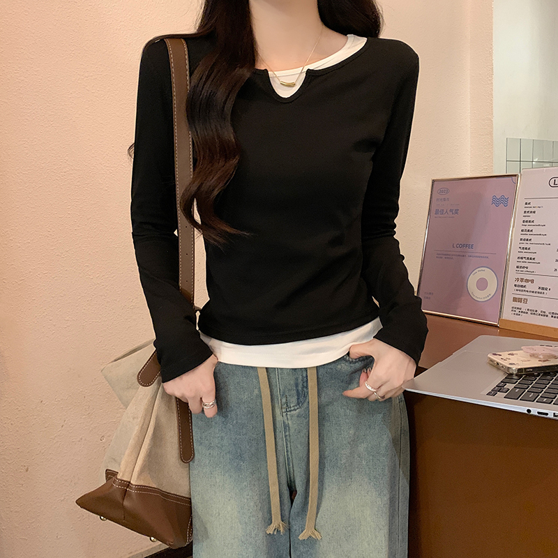 Long sleeve Pseudo-two tops thin T-shirt for women