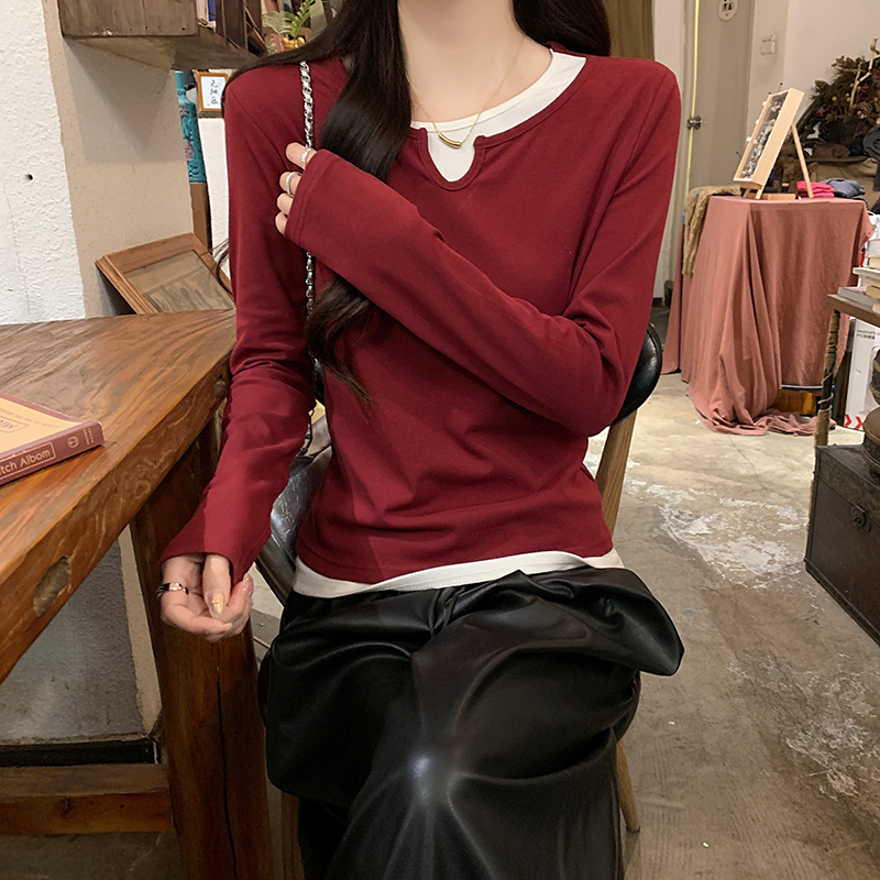 Long sleeve Pseudo-two tops thin T-shirt for women